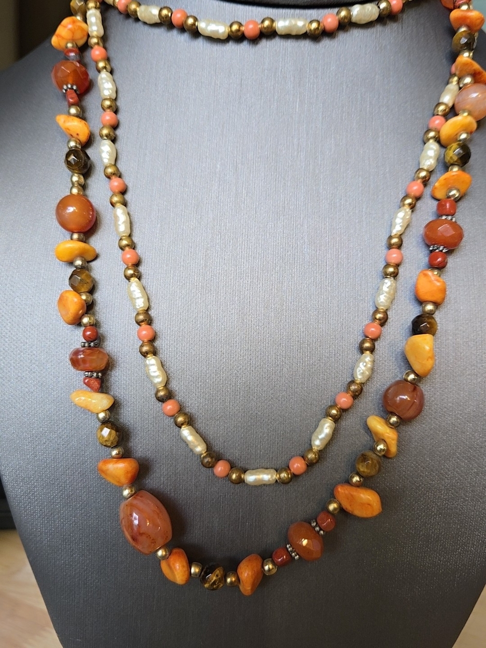 Layered Stone & Shell Orange Gold Beaded Necklaces — Elegant Women’s Necklace